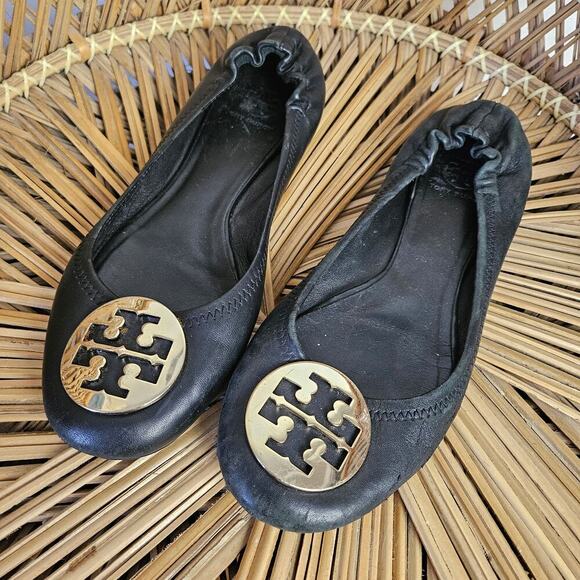 Tory Burch Minnie Ballet Flats 9.5 Black Gold‎ - Fair - Picture 1 of 12